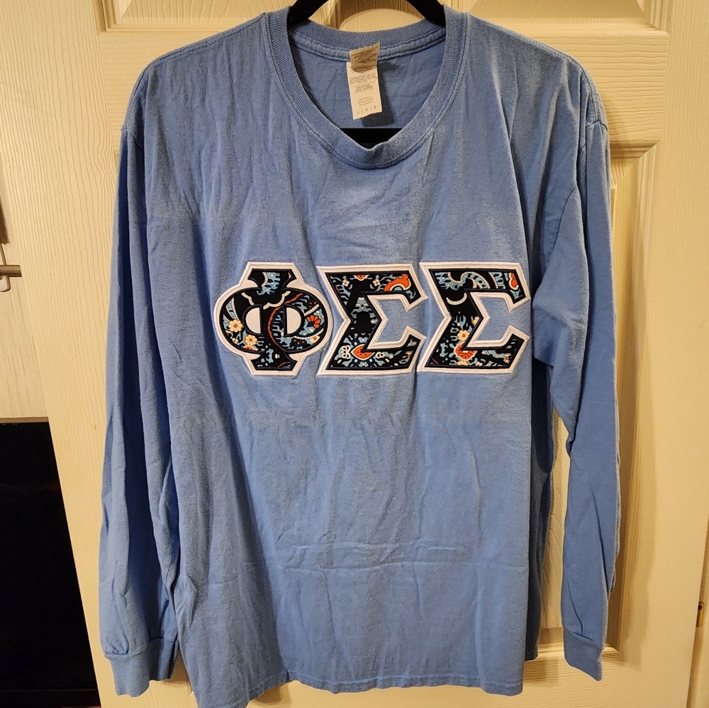 Blue long sleeve Phi Sig letters